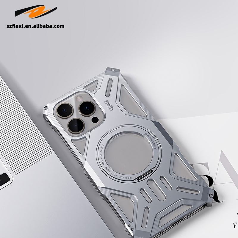 Backheal Luxury Frameless Metal Case for iPhone 17 16 15 14 Pro Max - 360° Rotating Magnetic Ring Stand - Ultra-Thin Heat Dissipation Bumper