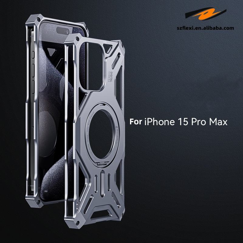 Backheal Luxury Frameless Metal Case for iPhone 17 16 15 14 Pro Max - 360° Rotating Magnetic Ring Stand - Ultra-Thin Heat Dissipation Bumper