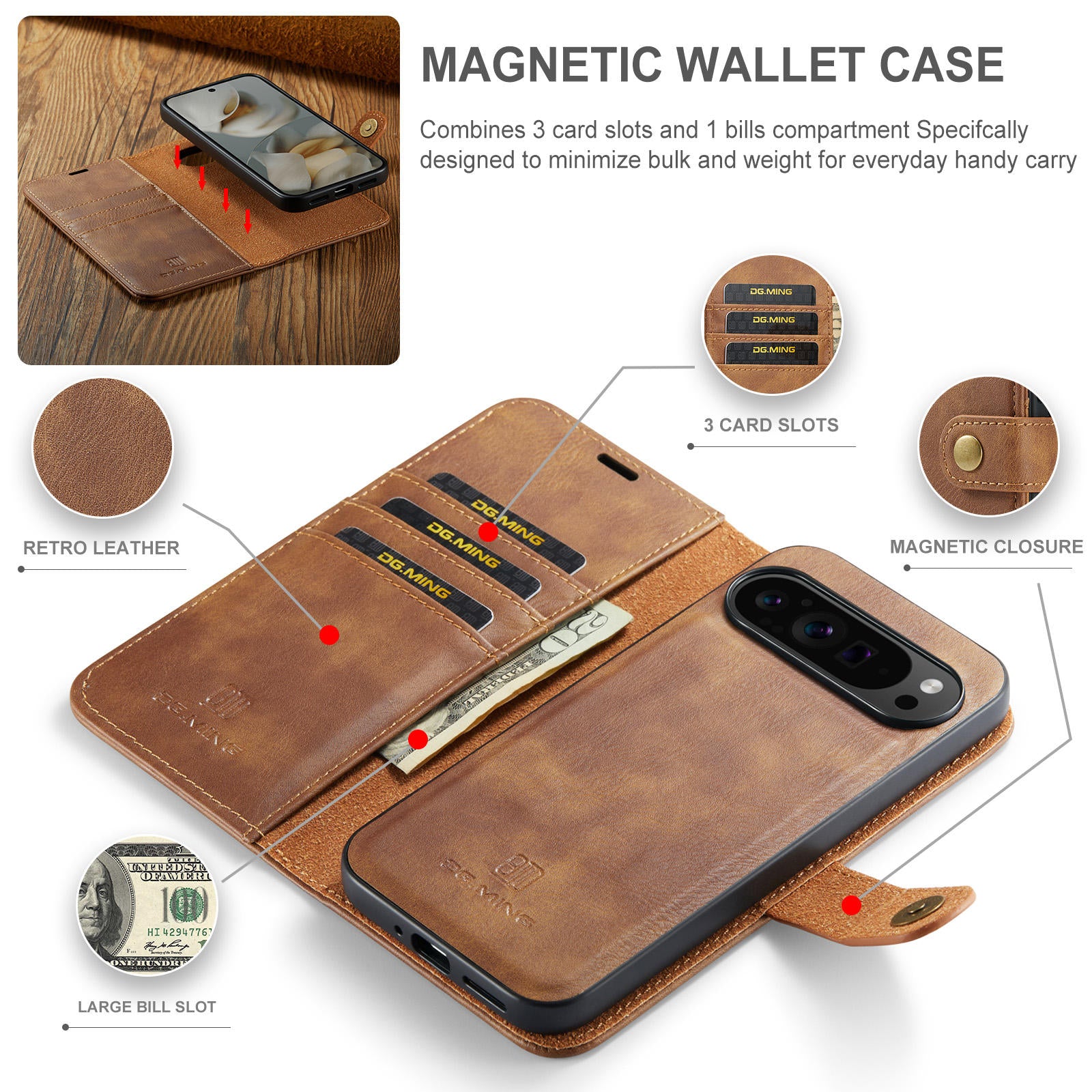 Backheal Premium Leather Wallet Flip Case for Google Pixel 10 Pro XL, 9A, 8, 7, 6 - Magnetic Closure & Kickstand - Slim Card Holder Protective Cover