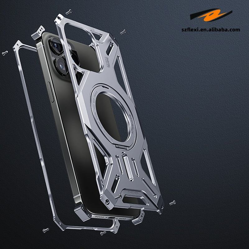 Backheal Luxury Frameless Metal Case for iPhone 17 16 15 14 Pro Max - 360° Rotating Magnetic Ring Stand - Ultra-Thin Heat Dissipation Bumper