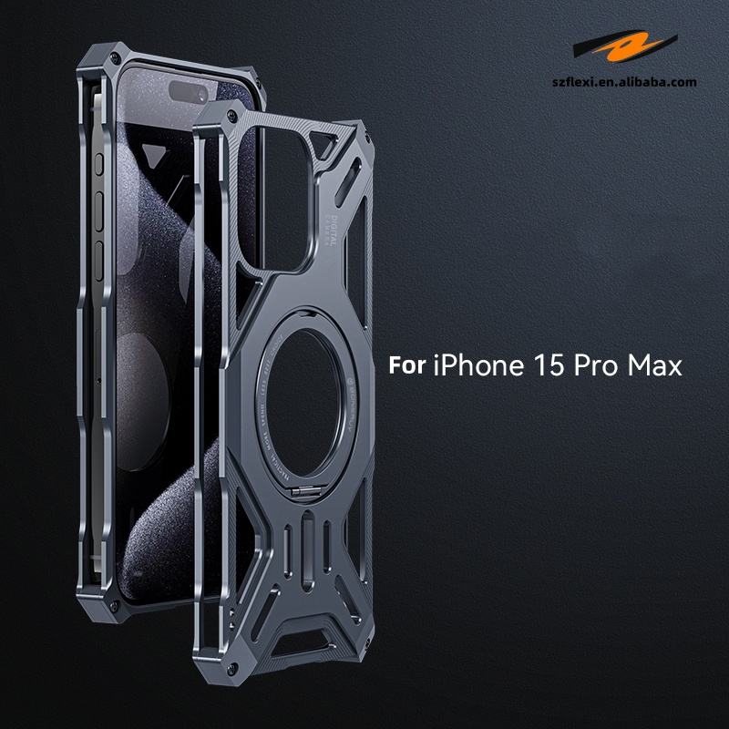 Backheal Luxury Frameless Metal Case for iPhone 17 16 15 14 Pro Max - 360° Rotating Magnetic Ring Stand - Ultra-Thin Heat Dissipation Bumper