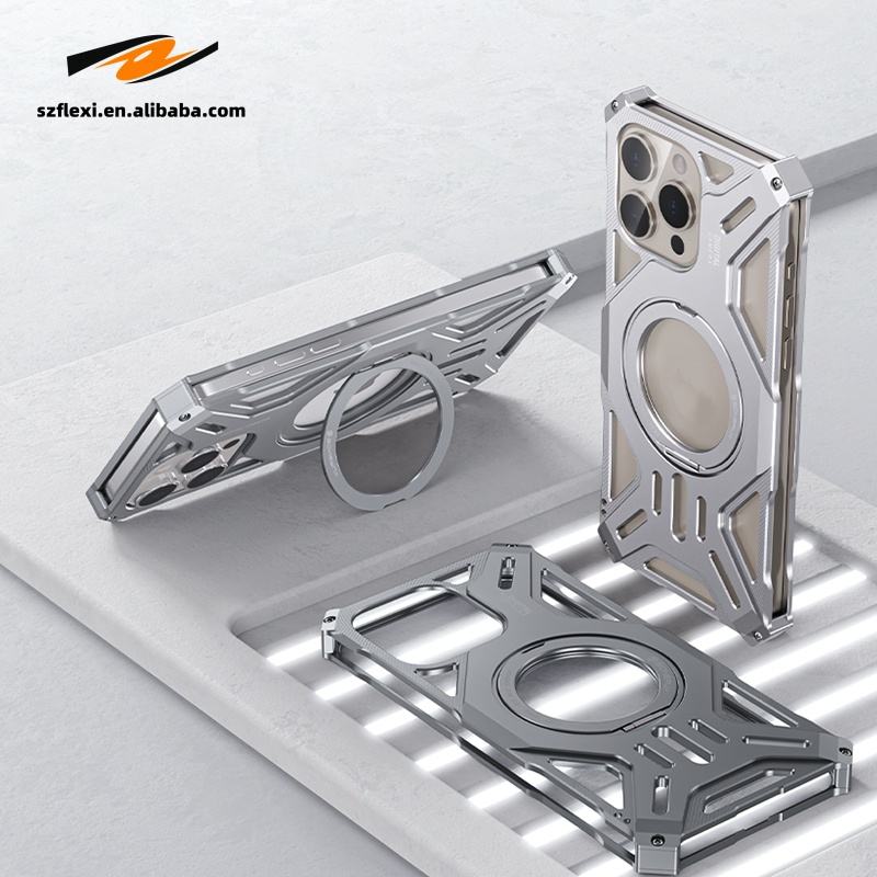 Backheal Luxury Frameless Metal Case for iPhone 17 16 15 14 Pro Max - 360° Rotating Magnetic Ring Stand - Ultra-Thin Heat Dissipation Bumper